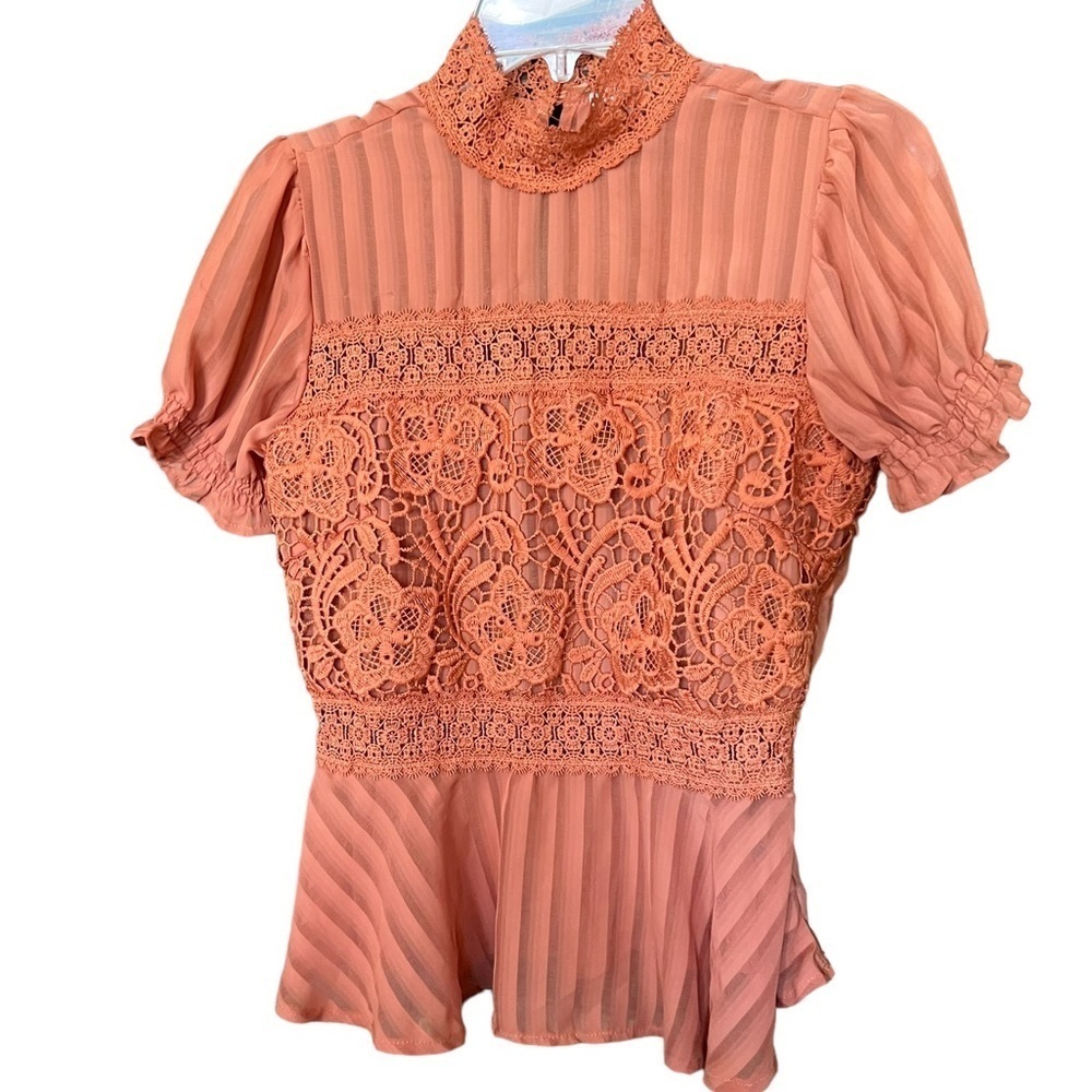 Haute Monde burnt orange Lace Sleeve Crop Top High Neck Women's Medium